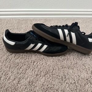 Adidas Men's Black and White Sneakers with Brown Sole